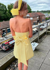 Simple Yellow Strapless Bow Tie A-line Short Mini Dress Homecoming Dress